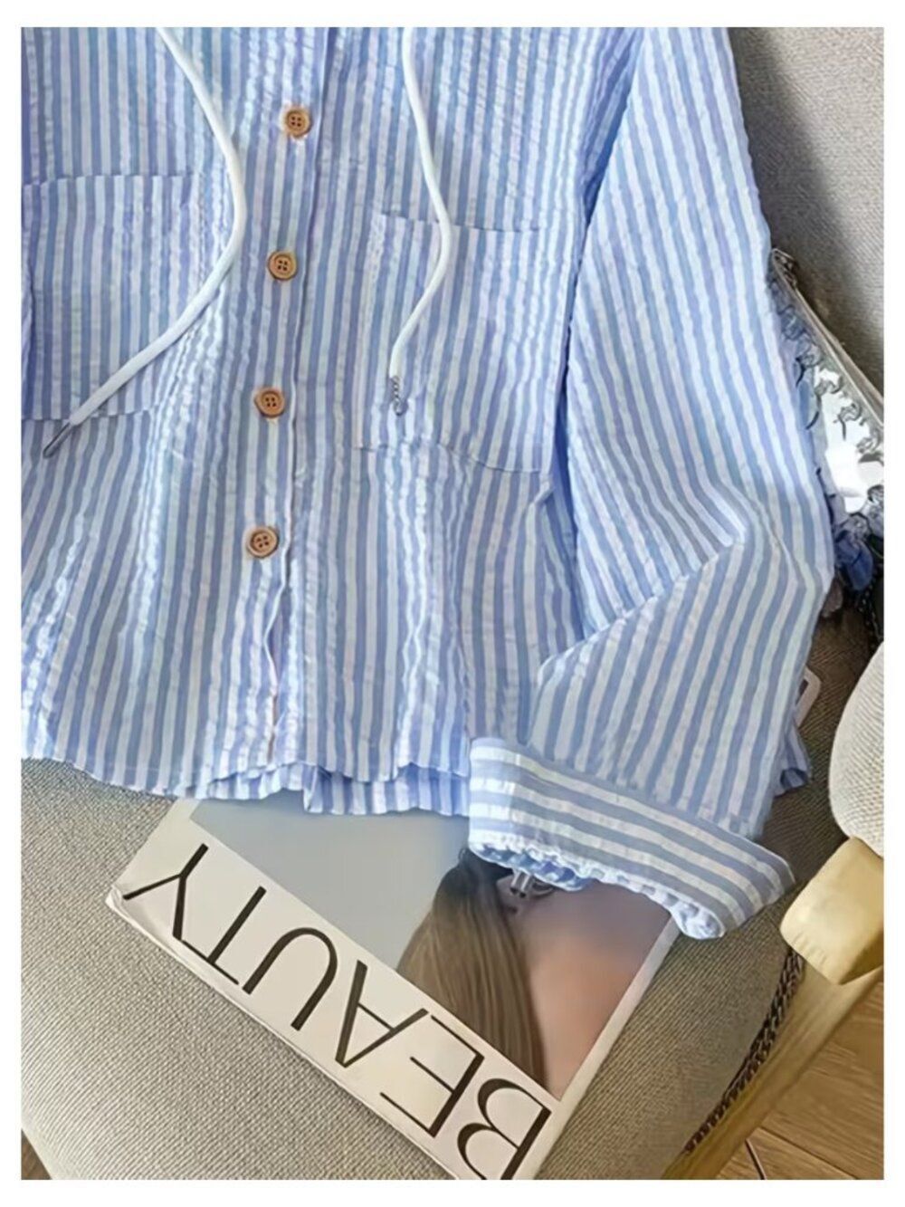 NWT Blue White Striped Seersucker Style Hooded Shirt Jacket - Picture 7 of 8